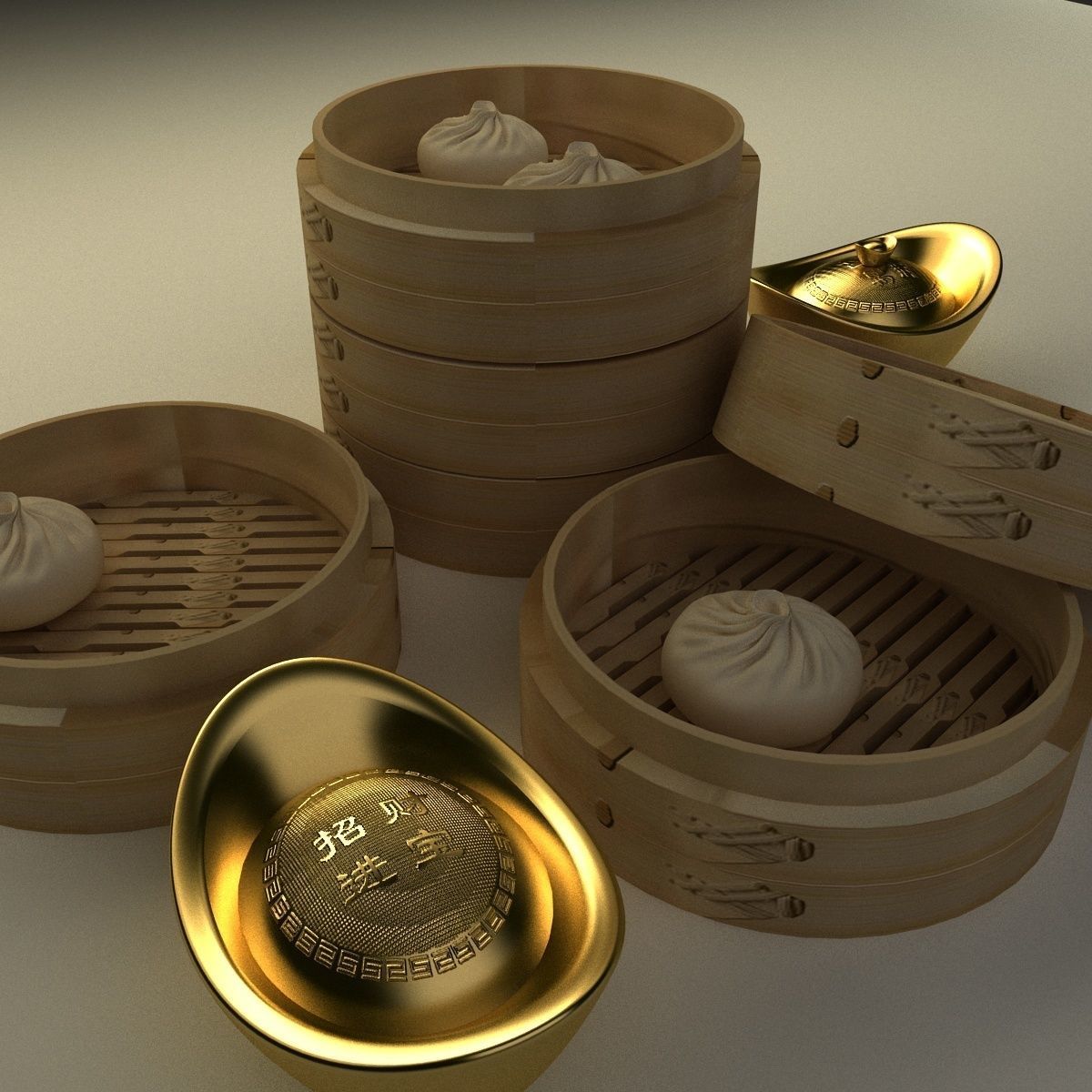 Chinese gold Ingot  and bamboo steamer  3D model_5