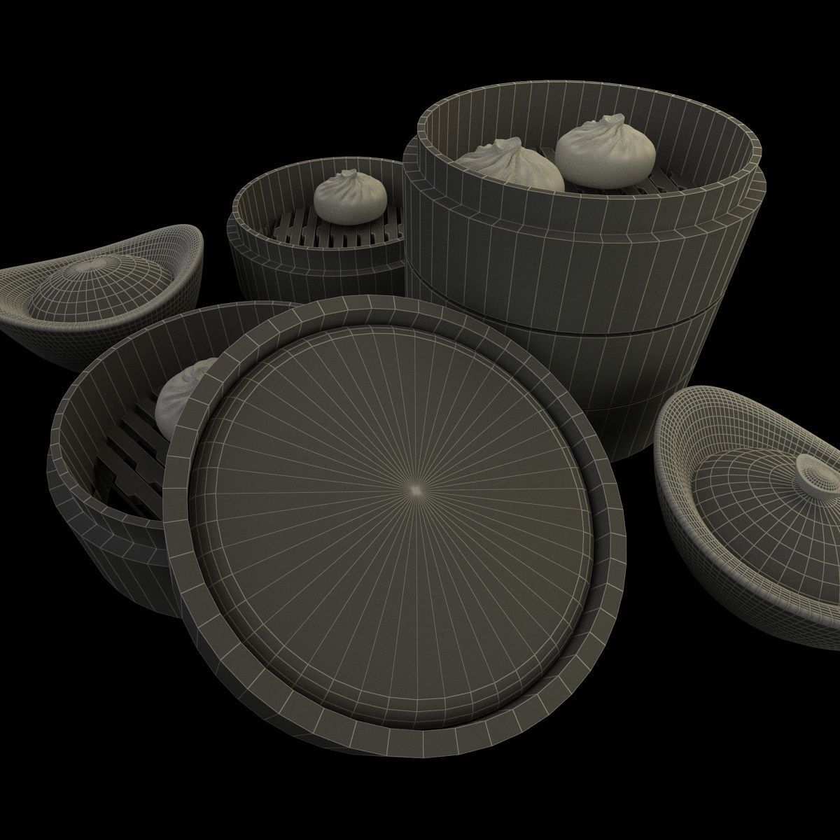 Chinese gold Ingot  and bamboo steamer  3D model_7