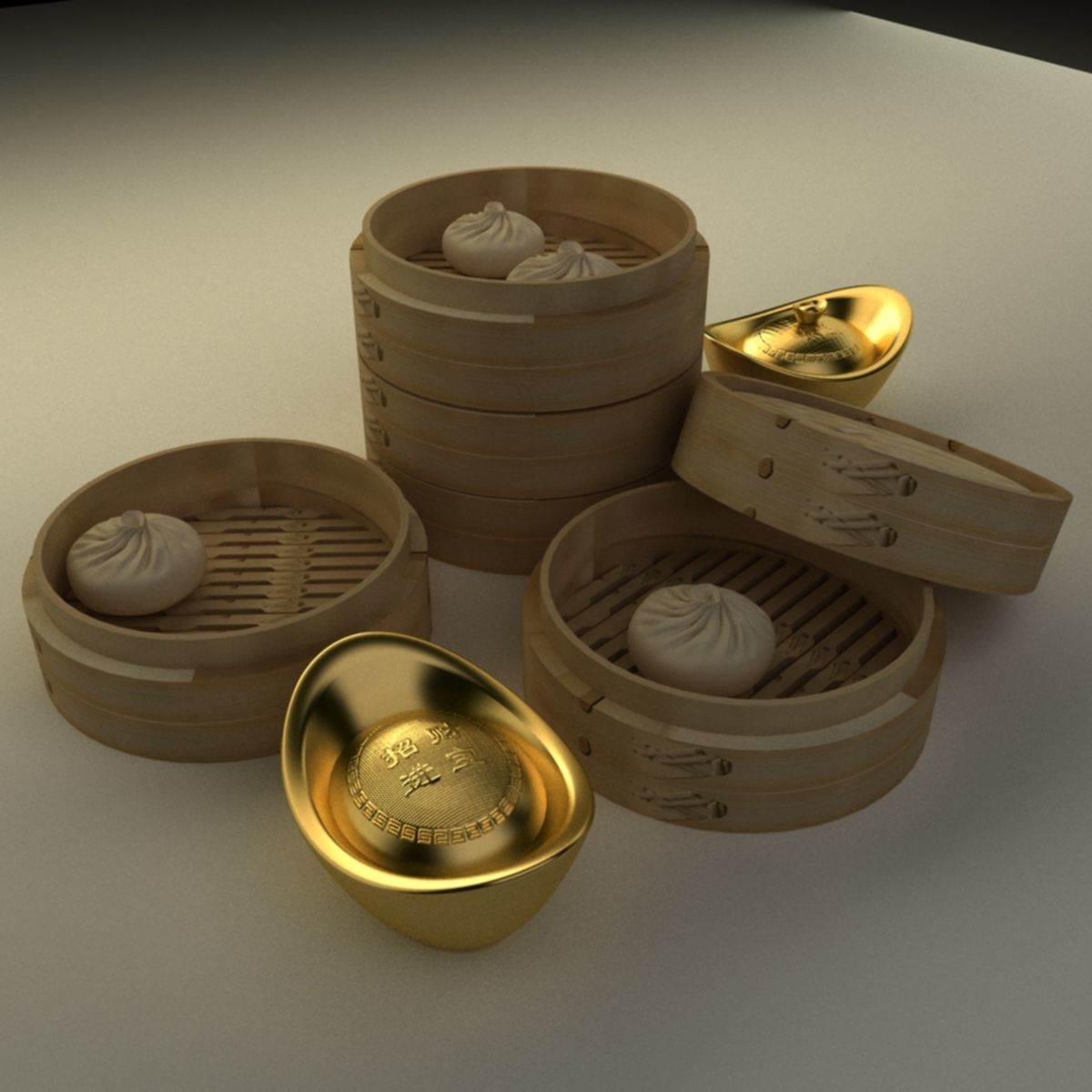 Chinese gold Ingot  and bamboo steamer  3D model_3