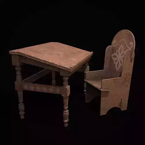 Elegant Long Writing Desk and High Wood Chair  3D Model Collection