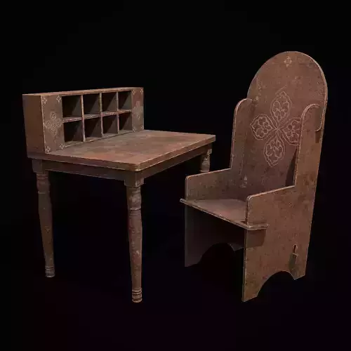 Elegant Short Writing Desk and High Wood Chair  3D Model Collection
