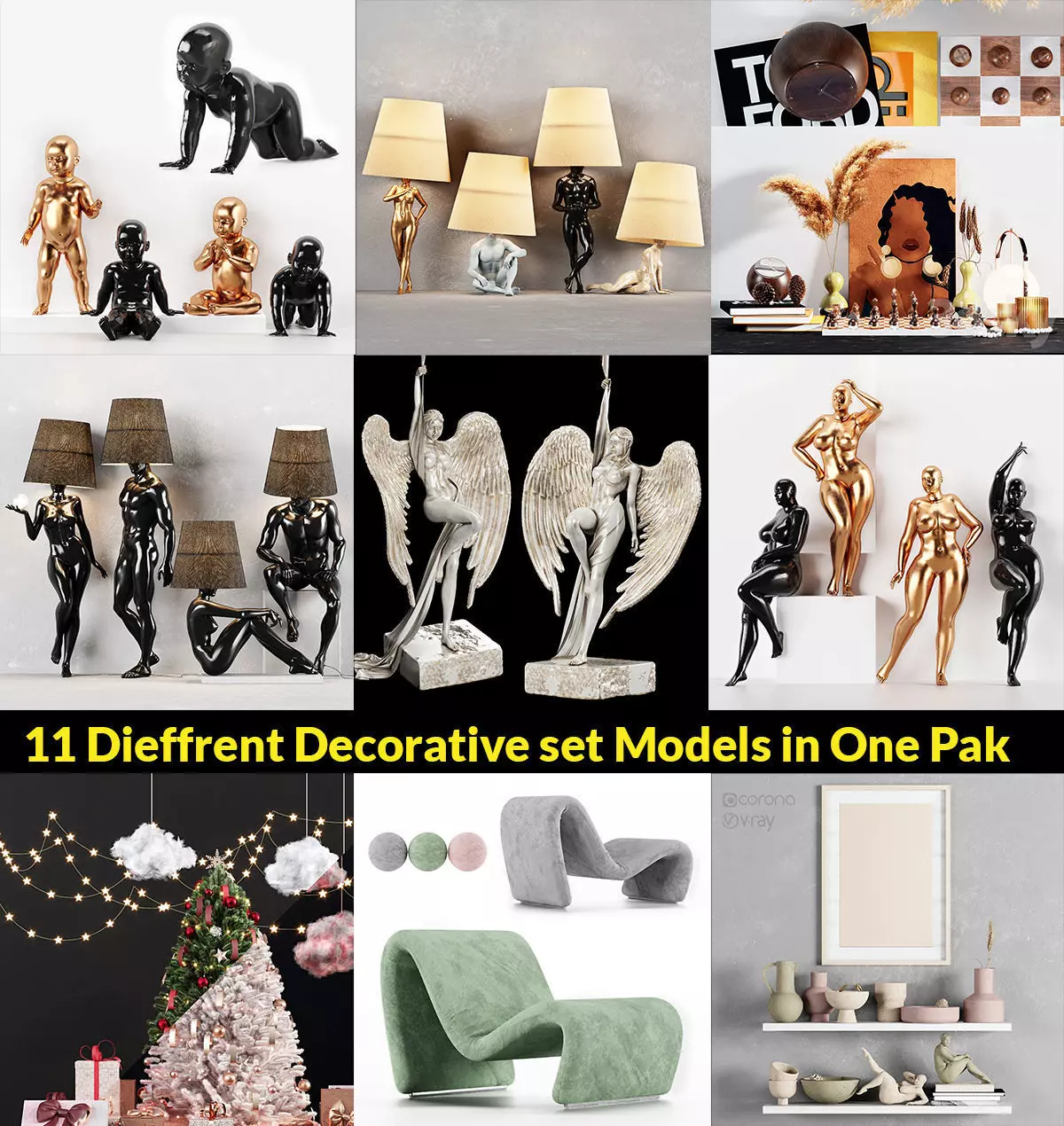 11 Dieffrent Decorative set Models in One Pak 004 3D model_0