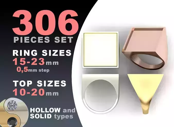 Signet rings set SQUARE top 3D print model