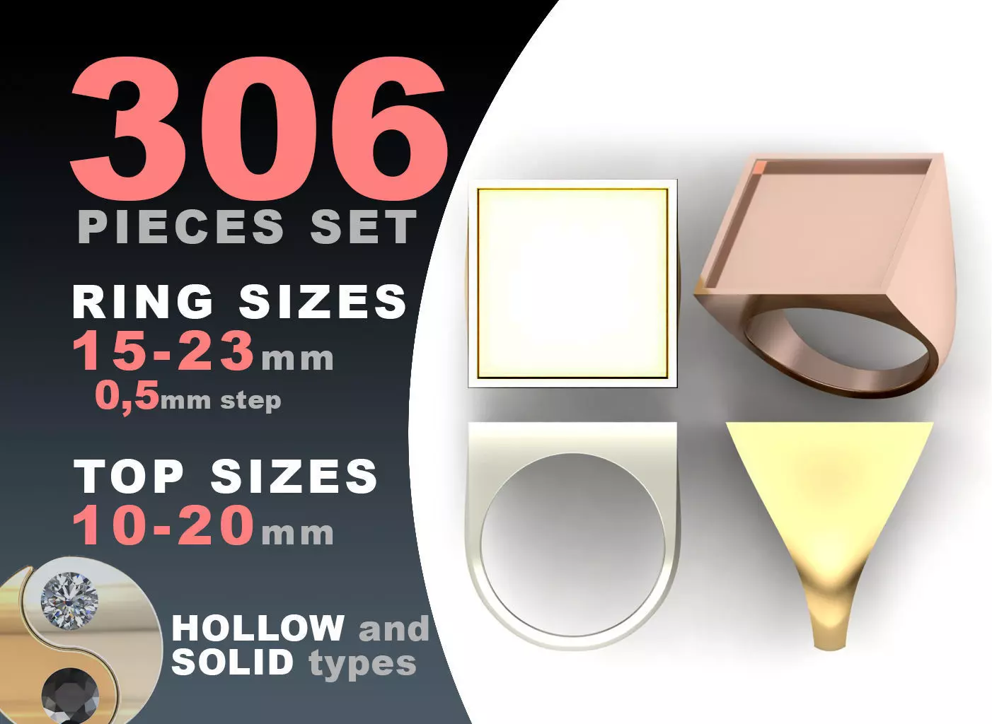 Signet rings set SQUARE top 3D print model_0