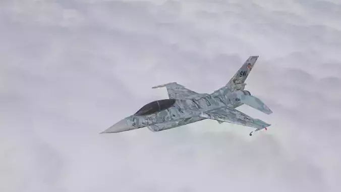f-16 model fighter jet flying in clouds