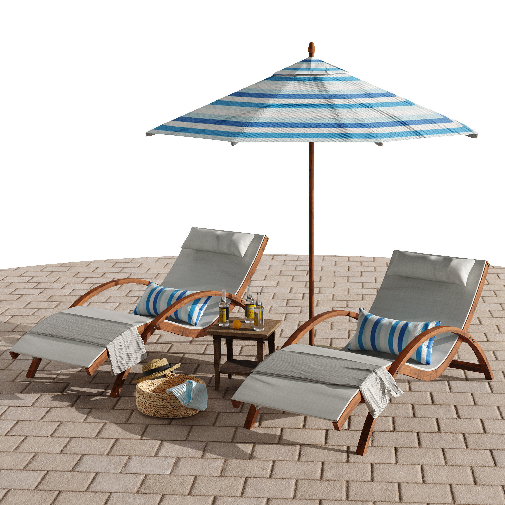 Beach umbrella and chaise longue set 4 3D model_2