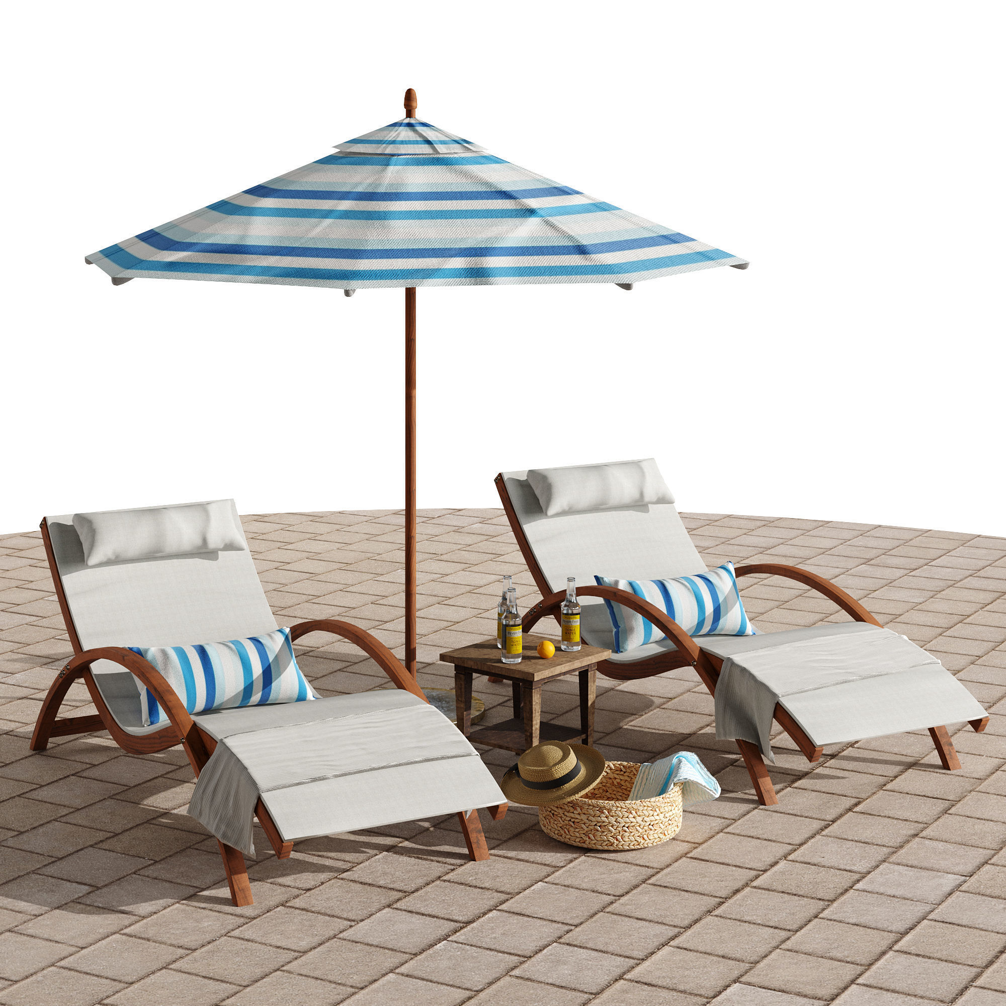 Beach umbrella and chaise longue set 4 3D model_3