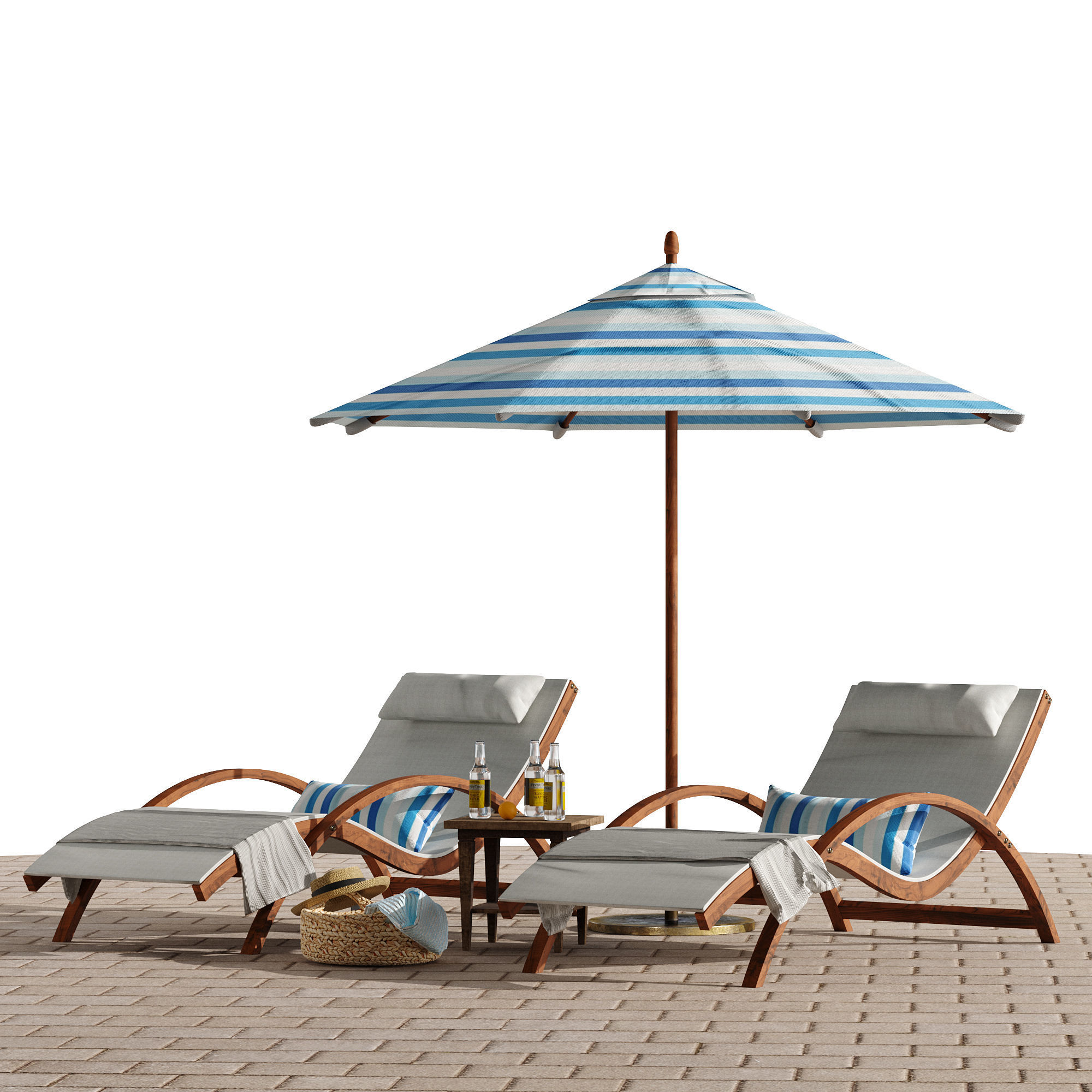 Beach umbrella and chaise longue set 4 3D model_6