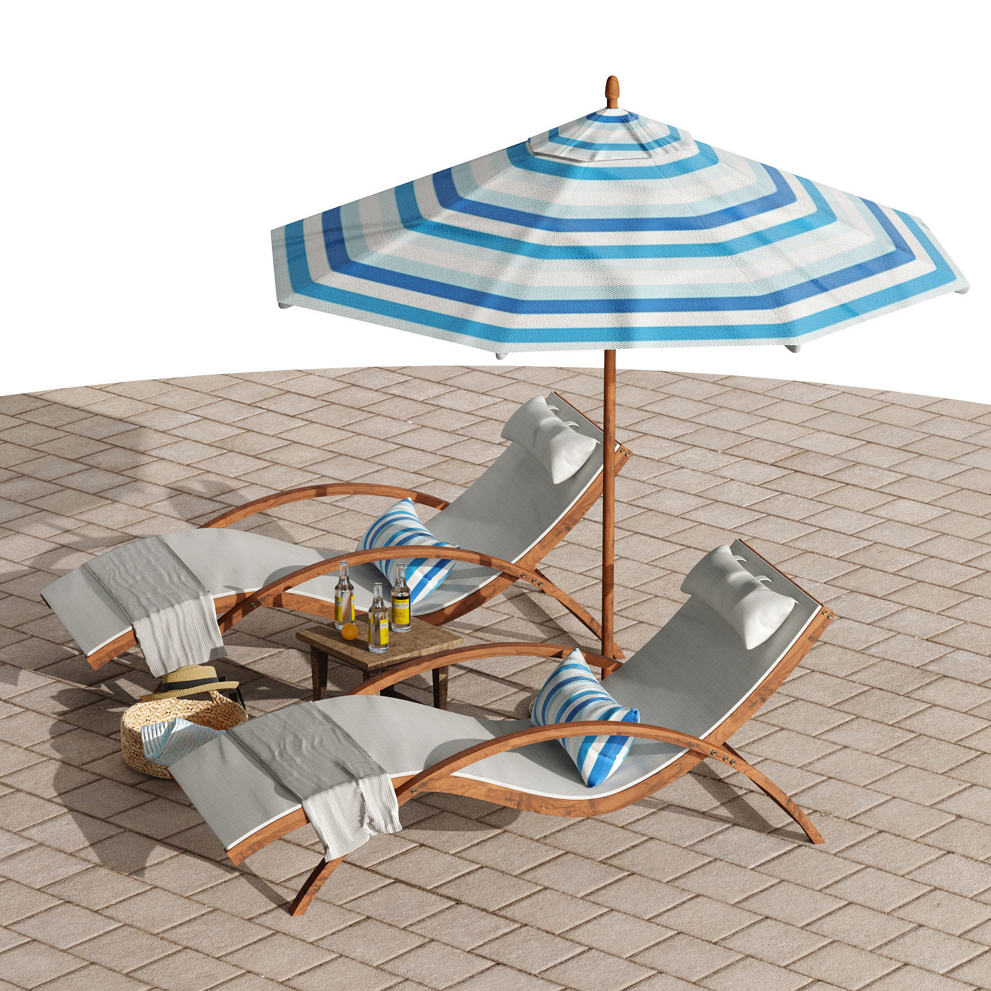 Beach umbrella and chaise longue set 4 3D model_16