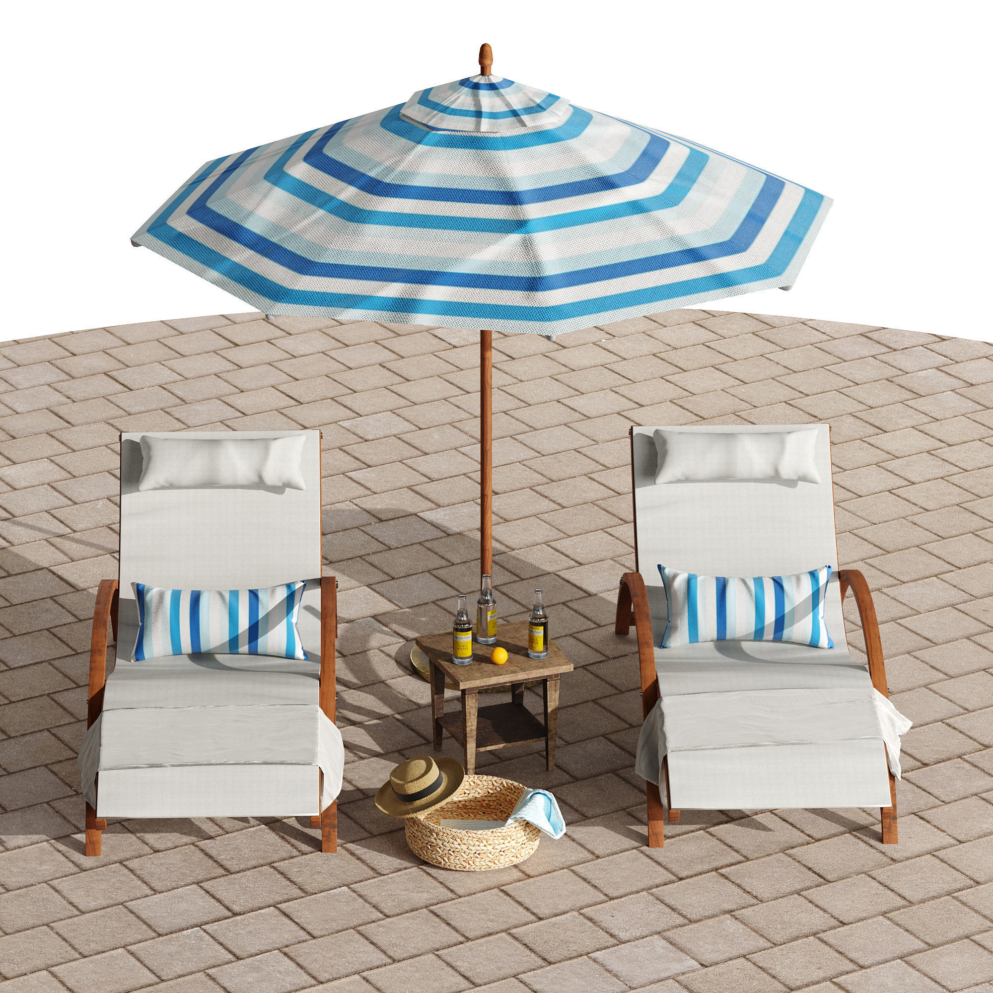 Beach umbrella and chaise longue set 4 3D model_18