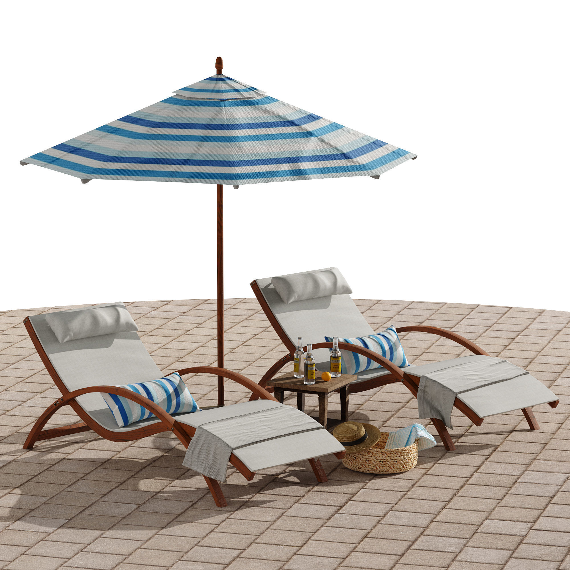 Beach umbrella and chaise longue set 4 3D model_11