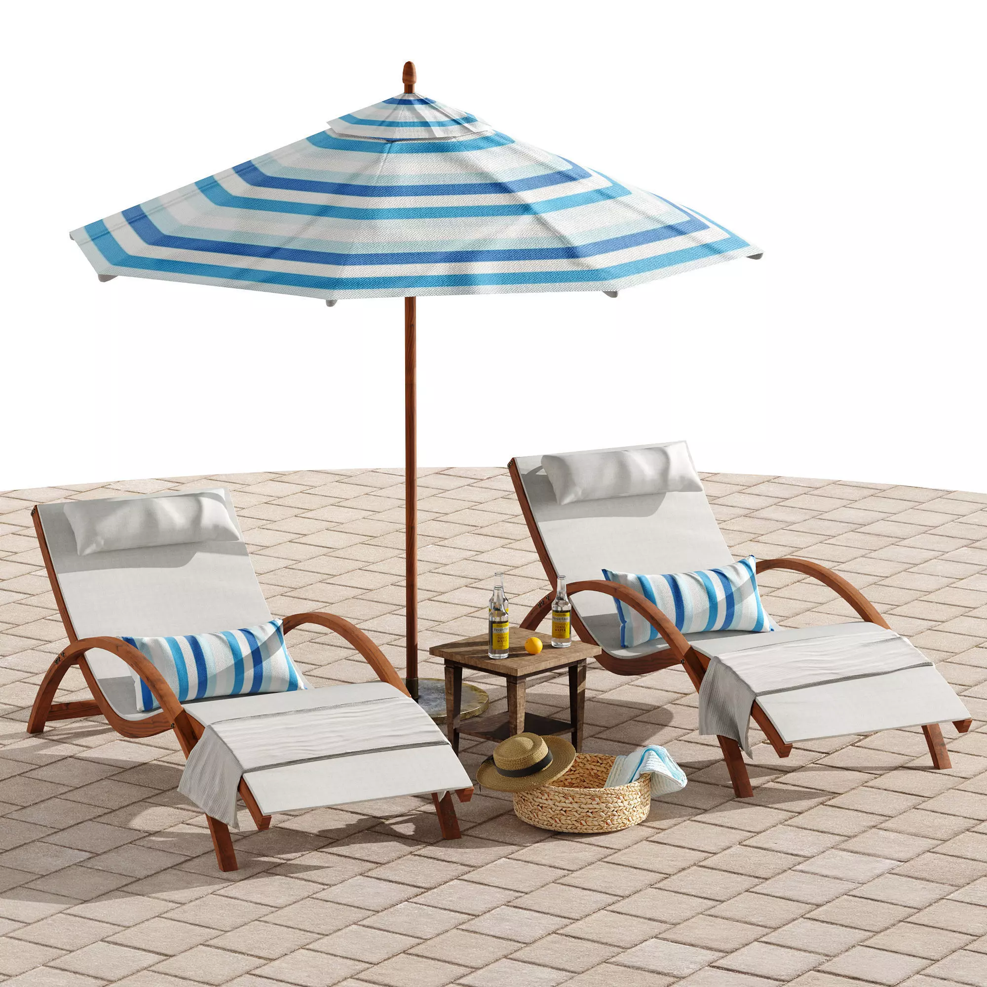 Beach umbrella and chaise longue set 4 3D model_0