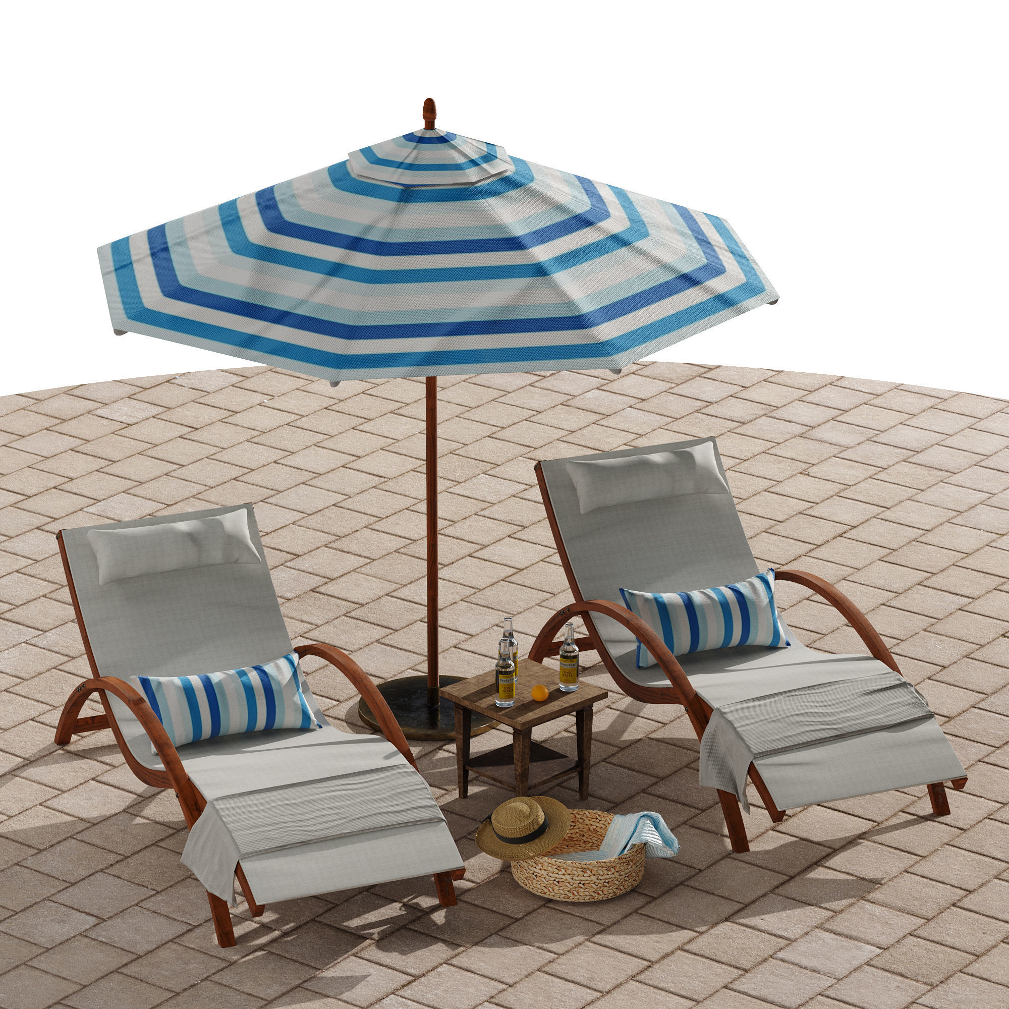 Beach umbrella and chaise longue set 4 3D model_15