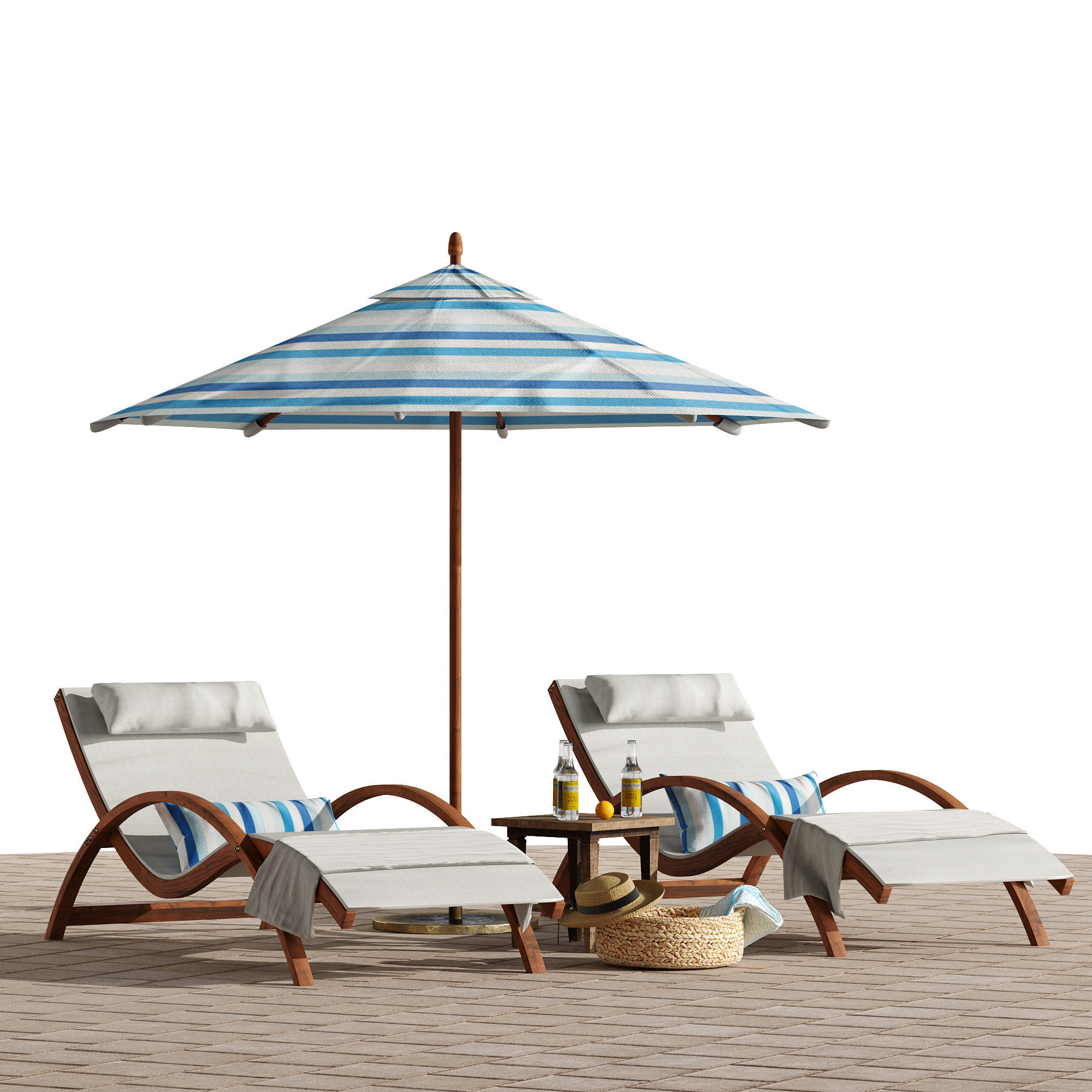 Beach umbrella and chaise longue set 4 3D model_7