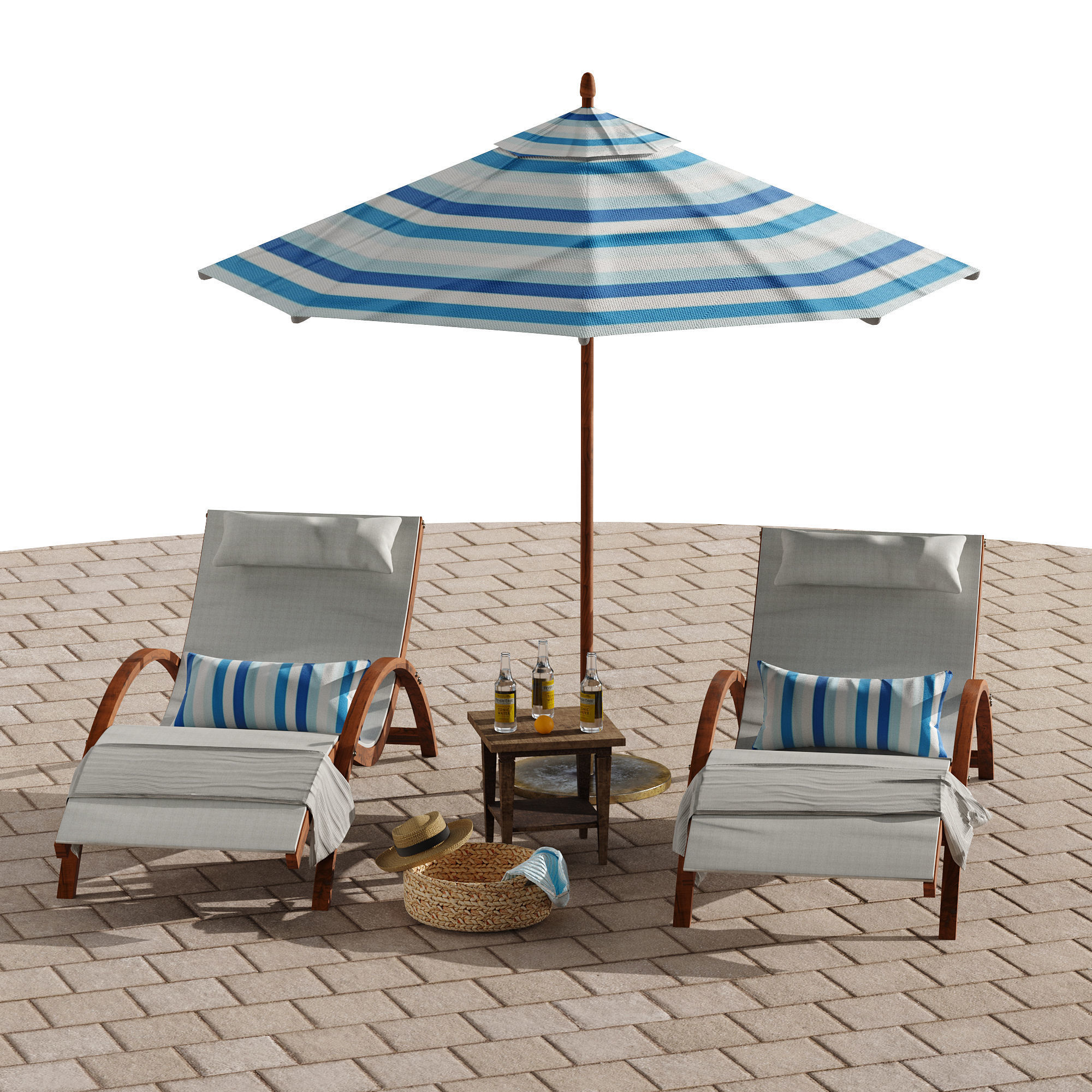 Beach umbrella and chaise longue set 4 3D model_13