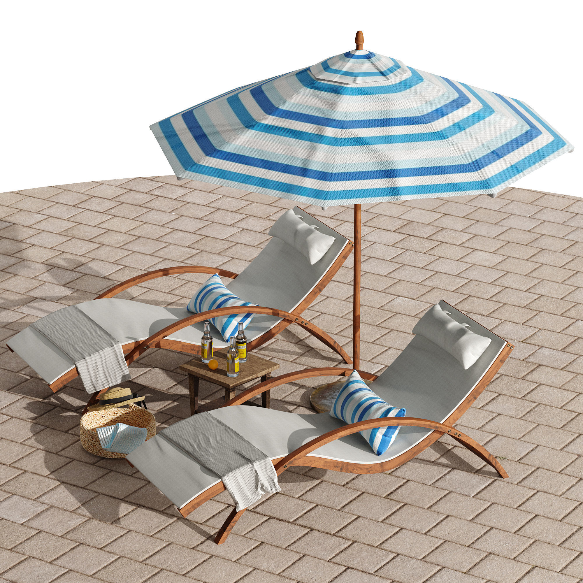 Beach umbrella and chaise longue set 4 3D model_14