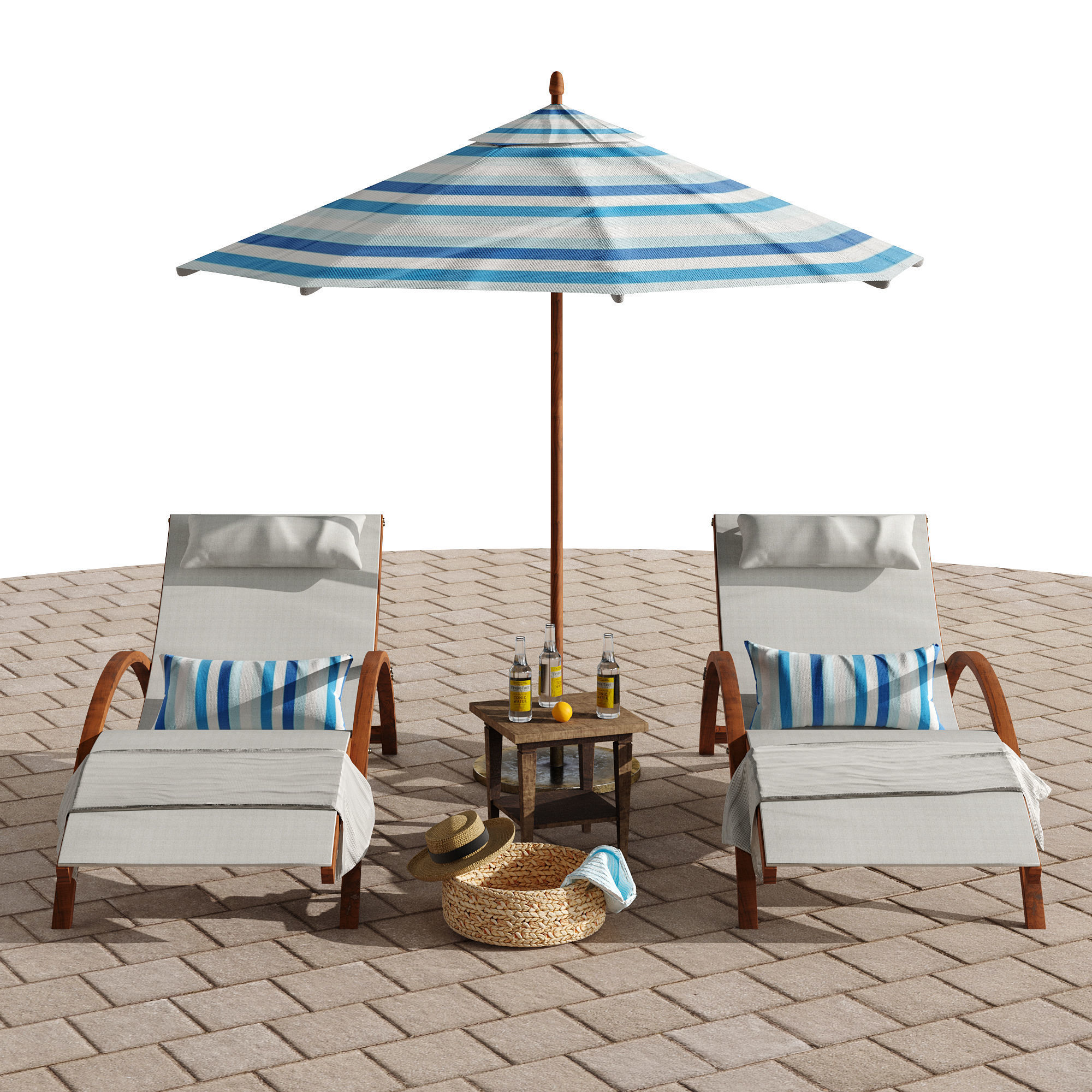 Beach umbrella and chaise longue set 4 3D model_1