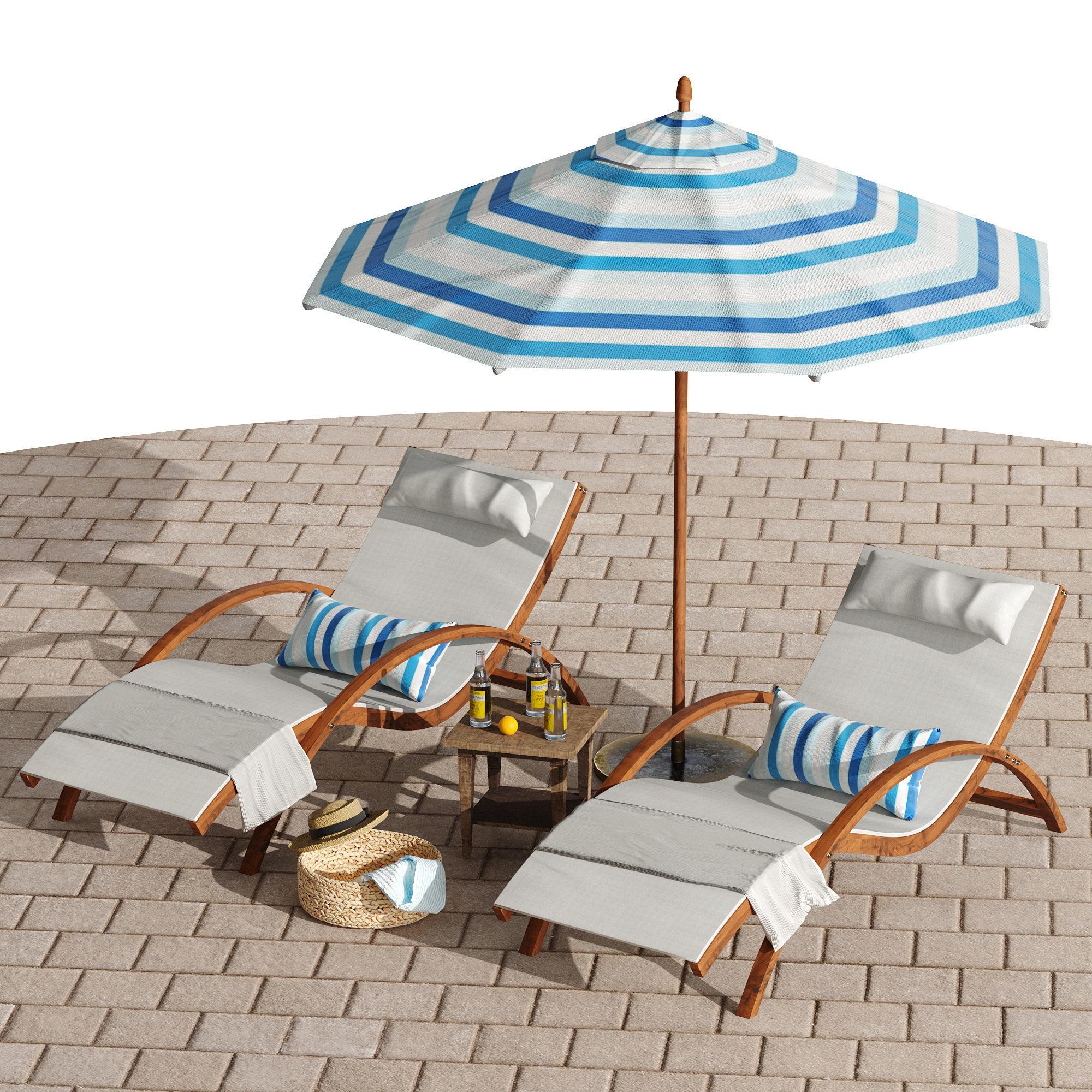 Beach umbrella and chaise longue set 4 3D model_12