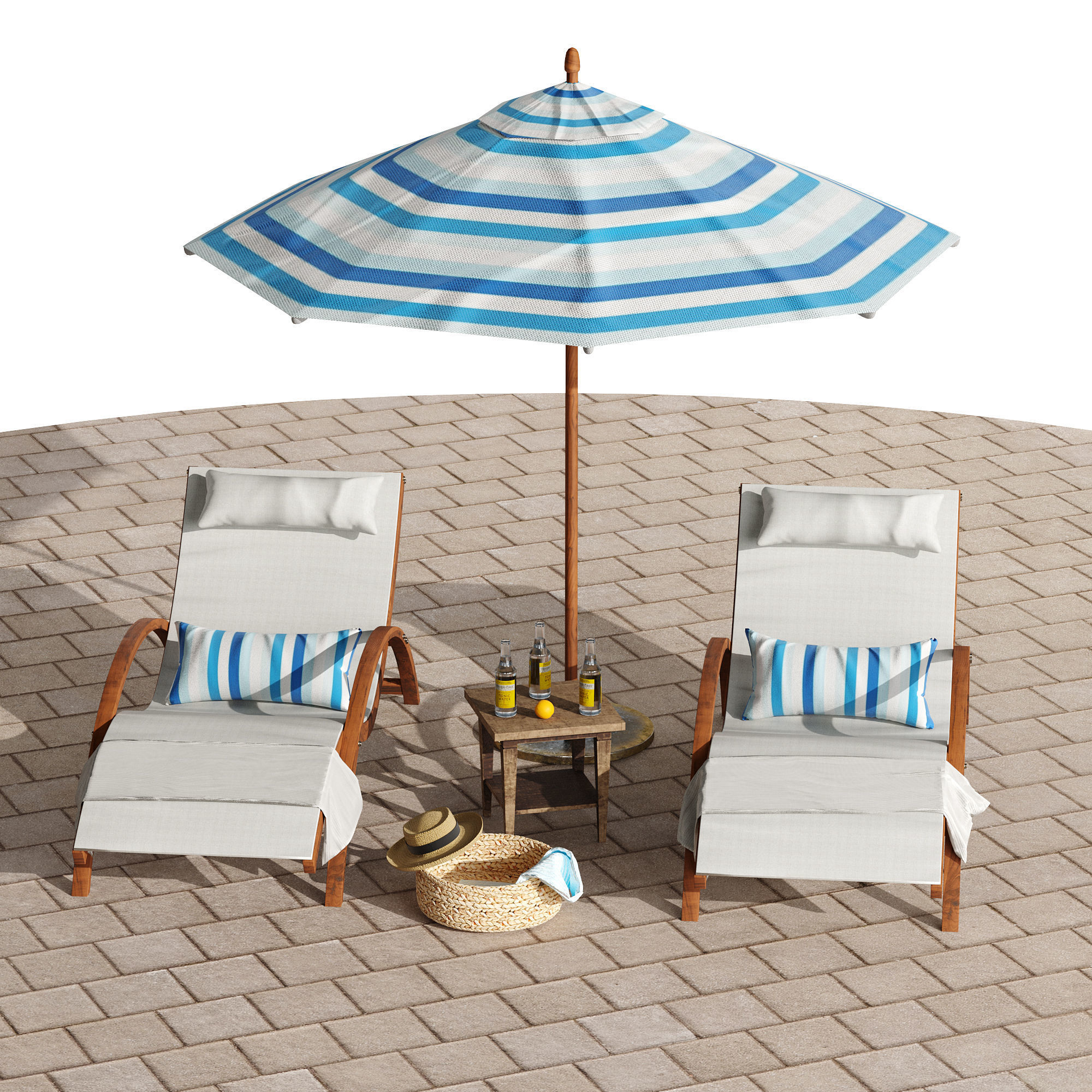 Beach umbrella and chaise longue set 4 3D model_20