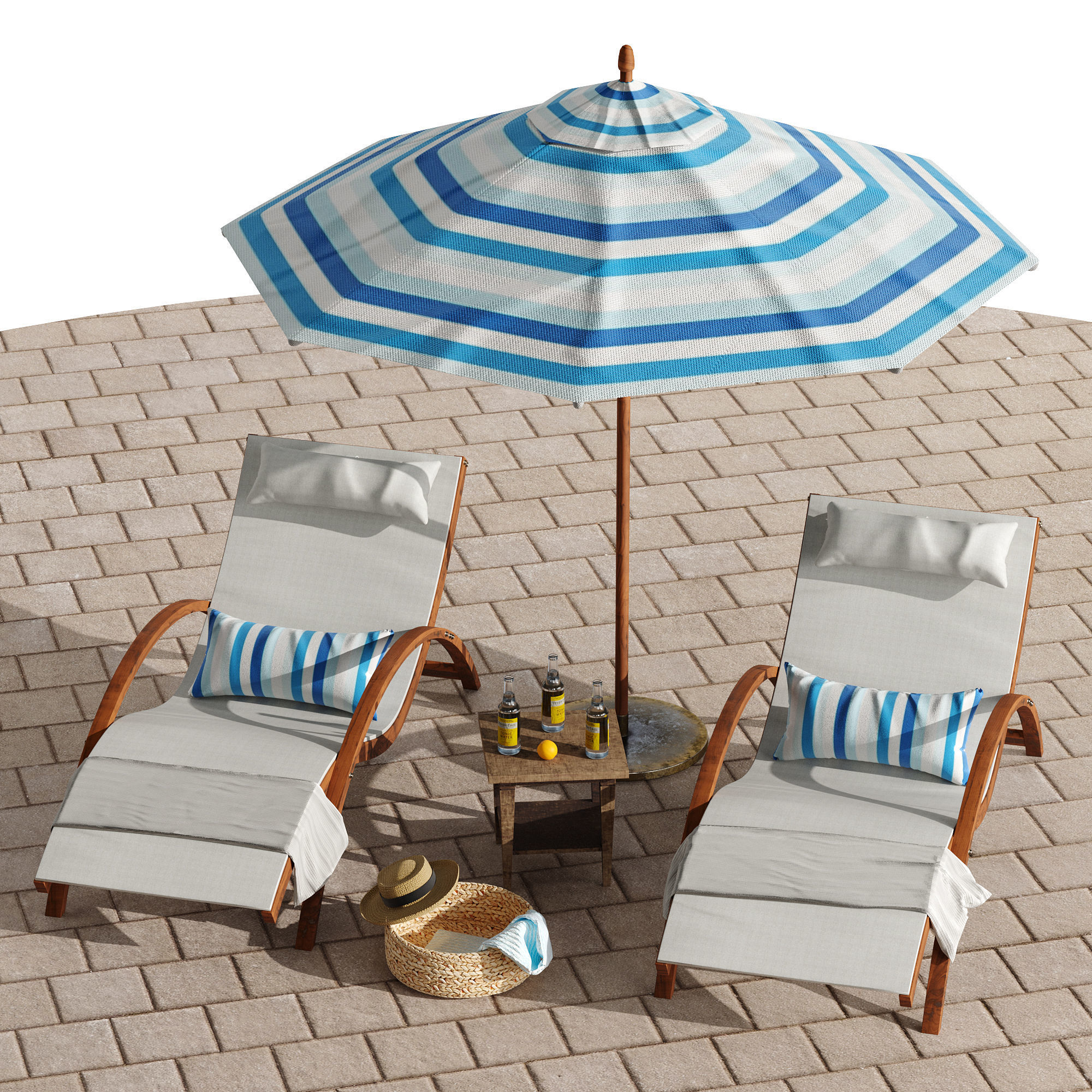 Beach umbrella and chaise longue set 4 3D model_31