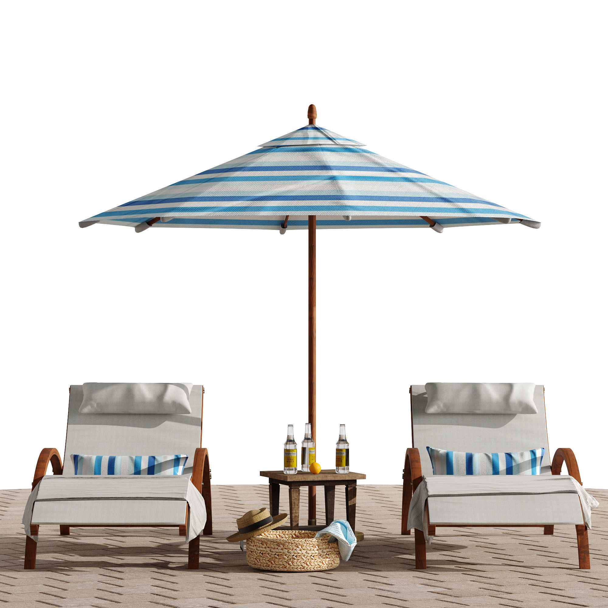 Beach umbrella and chaise longue set 4 3D model_5