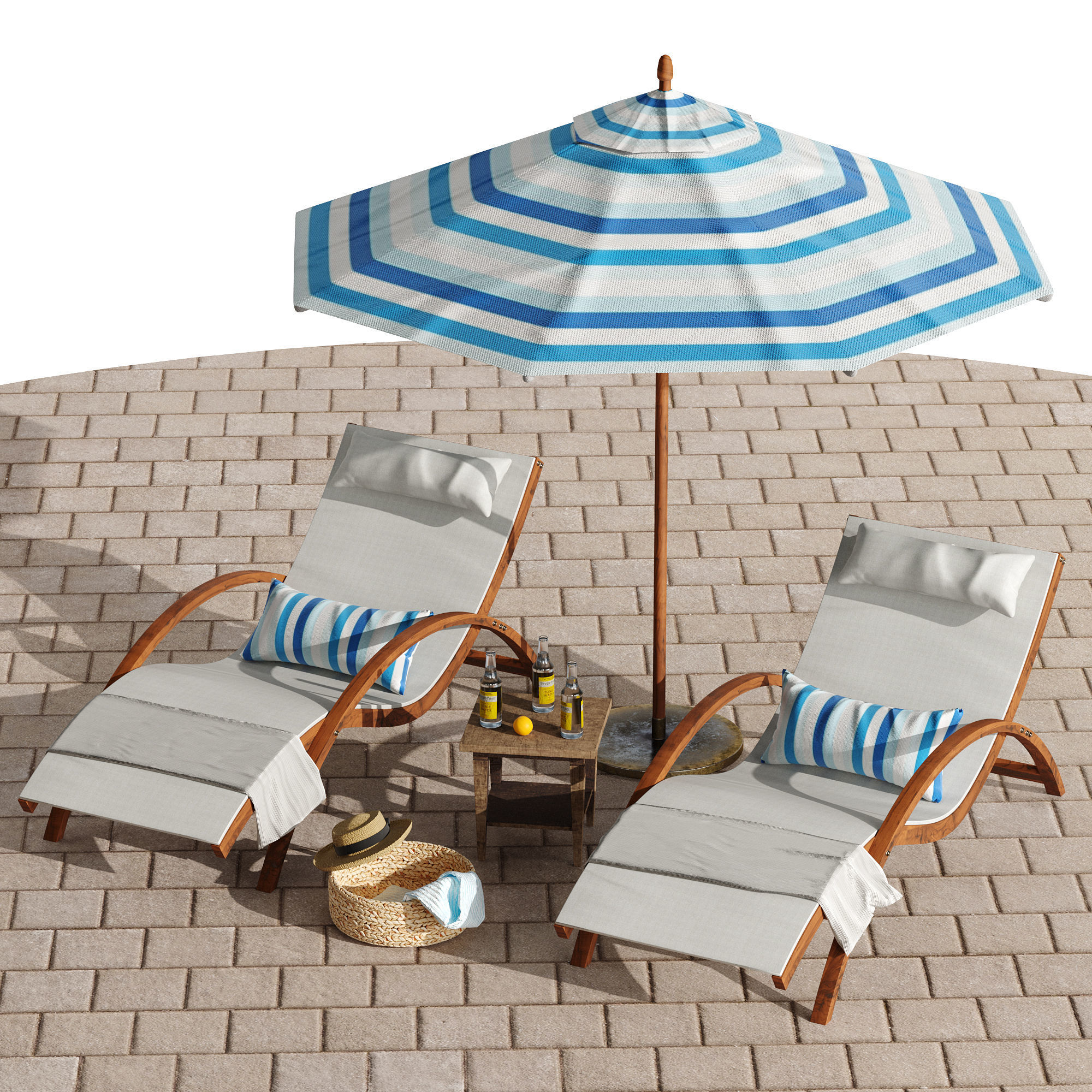 Beach umbrella and chaise longue set 4 3D model_10