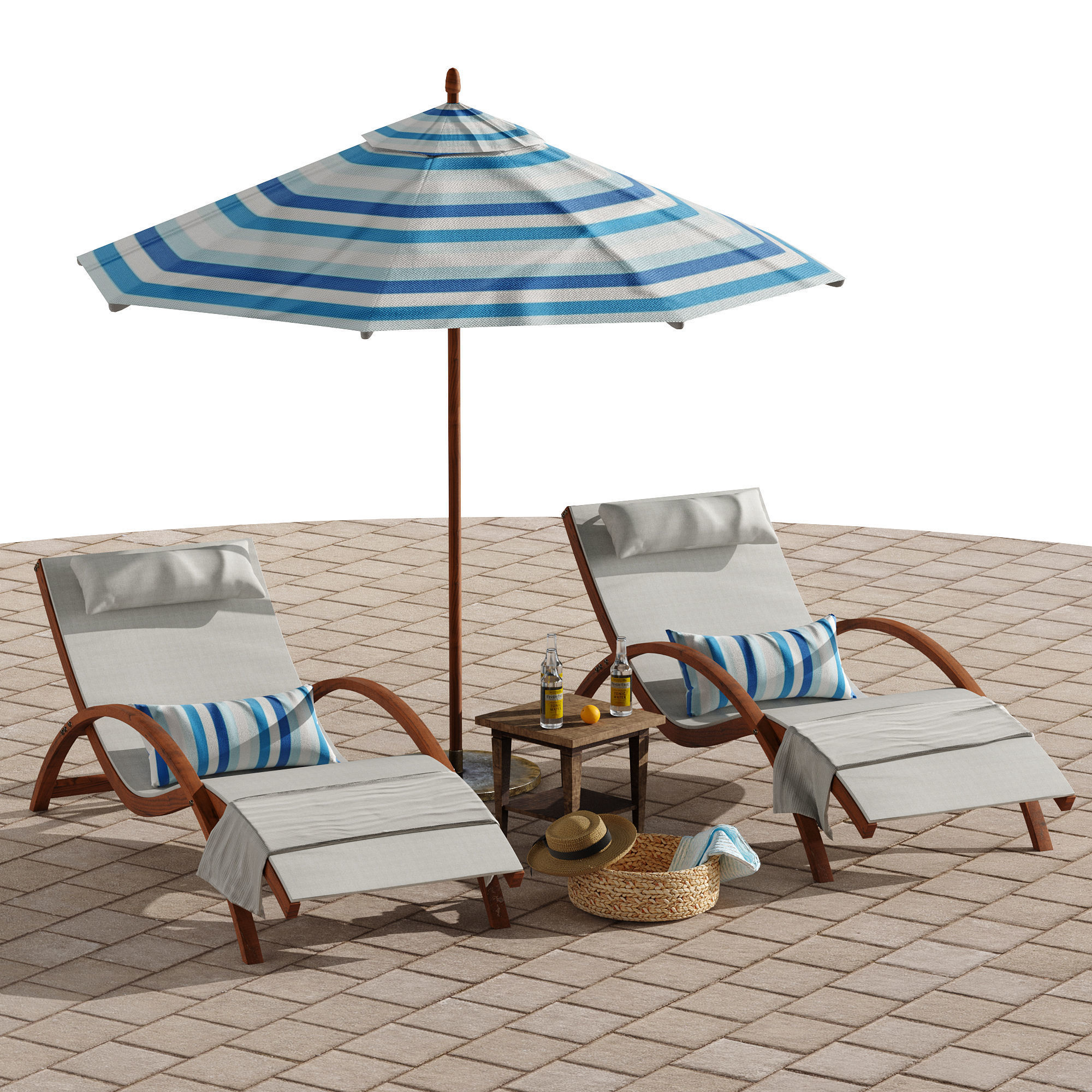 Beach umbrella and chaise longue set 4 3D model_9