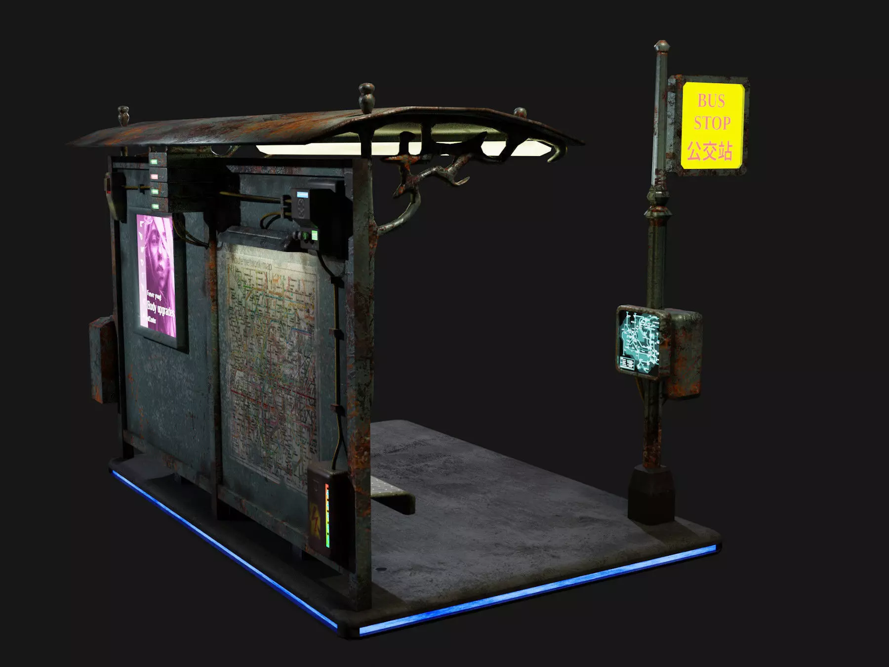 Cyber punk bus stop Low-poly 3D model_0