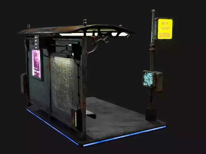 Cyber punk bus stop Low-poly 3D model