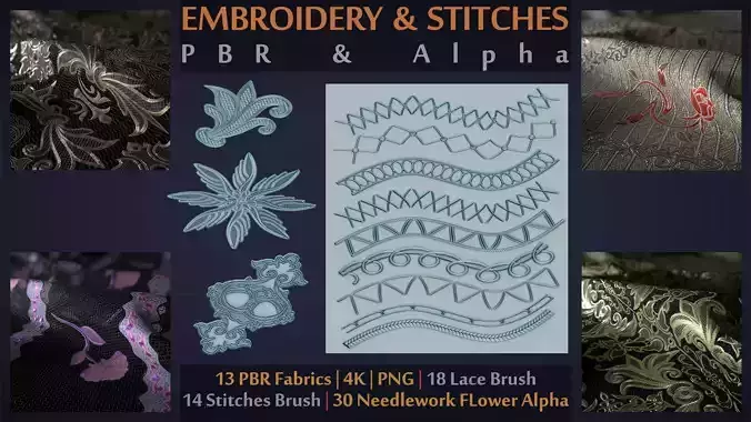 Embroidery - Stitches - NeedleWork - Alpha - Brush - PBR Mats Texture