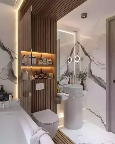 Modern Luxury Marble-Wood Bathroom Interior 3D Model