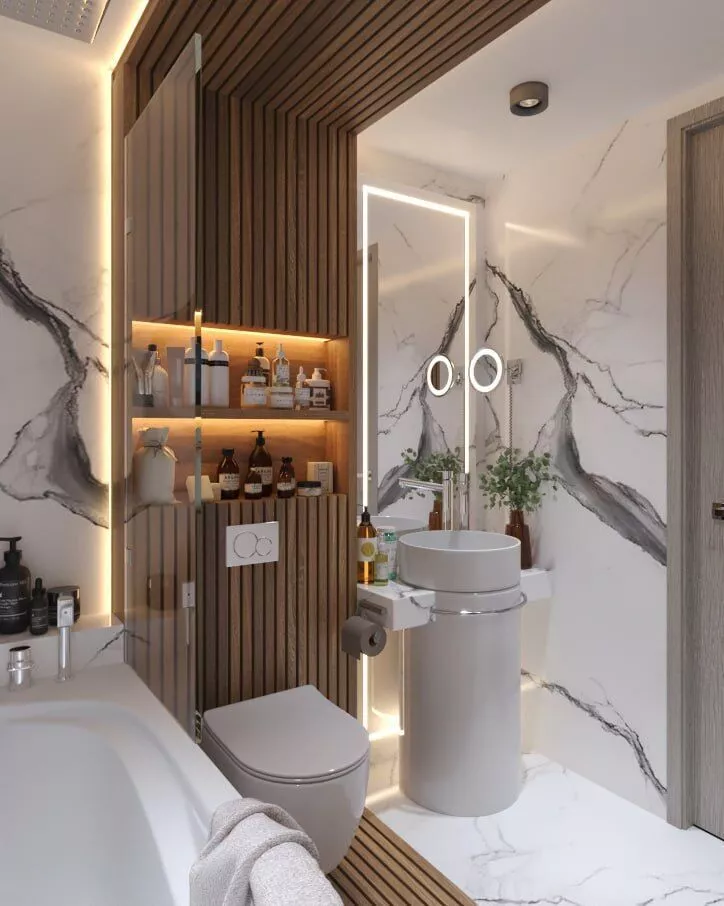 Realistic Modern Luxury Marble-Wood Bathroom Interior 3D Model 3D model