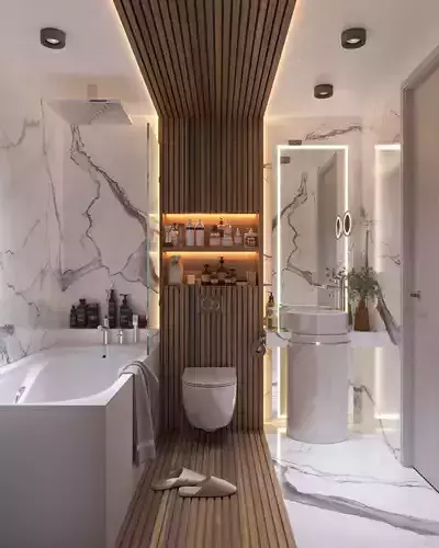 Bathroom modern with marble floors and walls