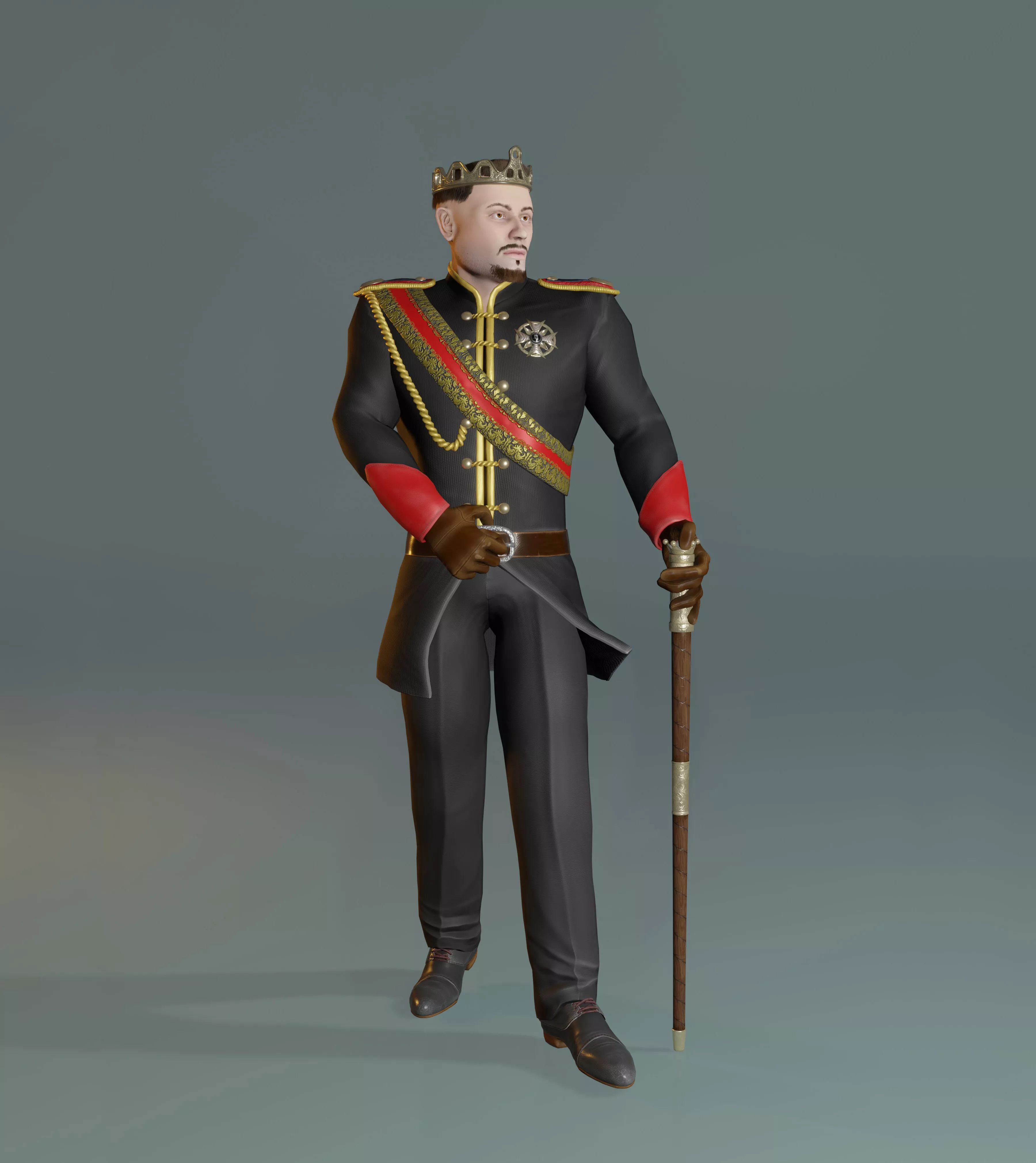 Fighter prince with golden ceremonial medal and wooden cane Low-poly 3D model