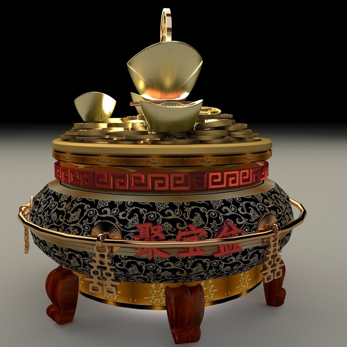 Chinese gold Ingot  pot 3D model_8