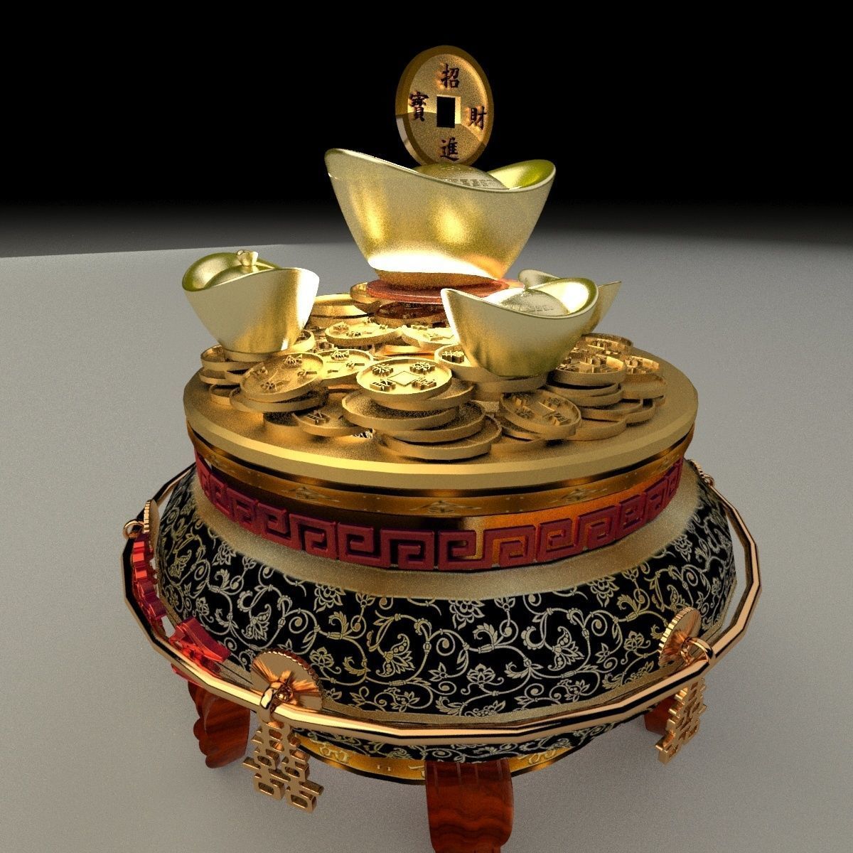 Chinese gold Ingot  pot 3D model_3