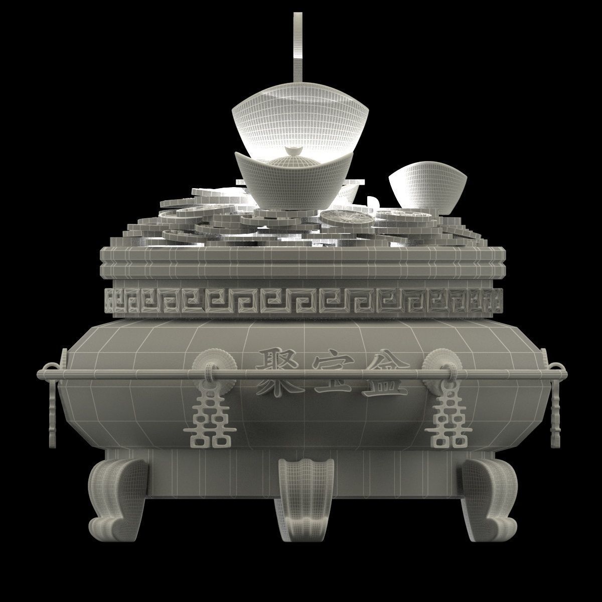 Chinese gold Ingot  pot 3D model_5