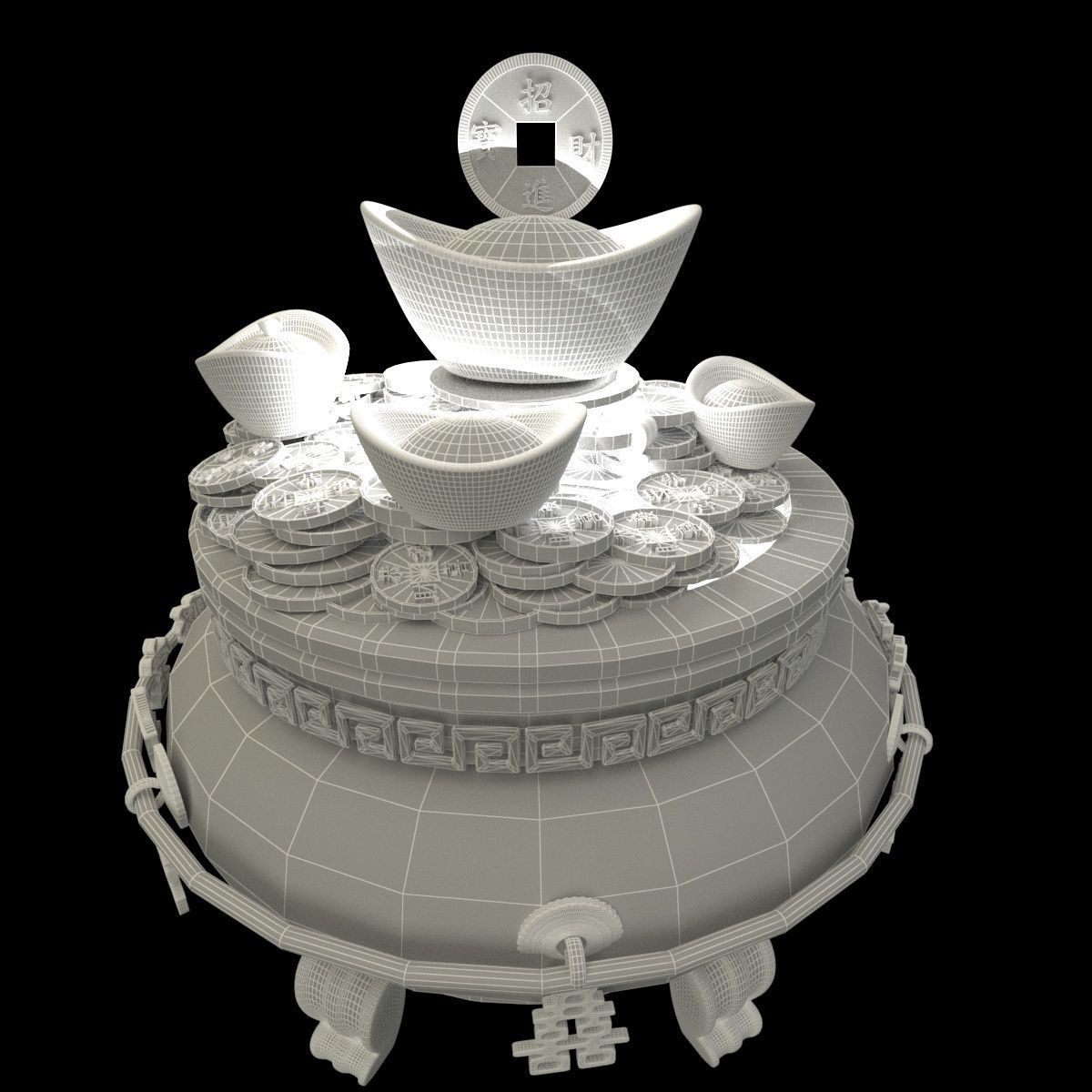 Chinese gold Ingot  pot 3D model_6