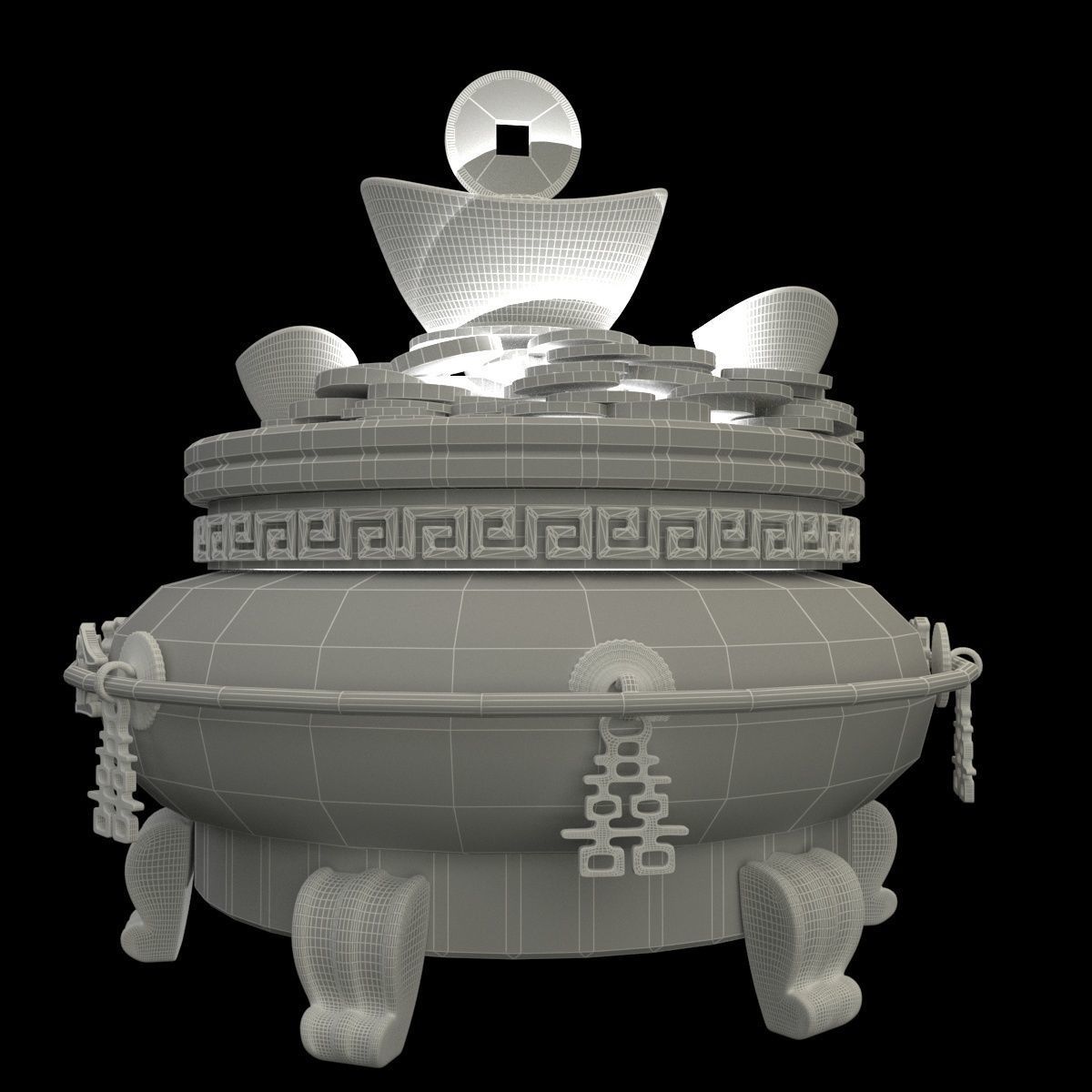 Chinese gold Ingot  pot 3D model_7