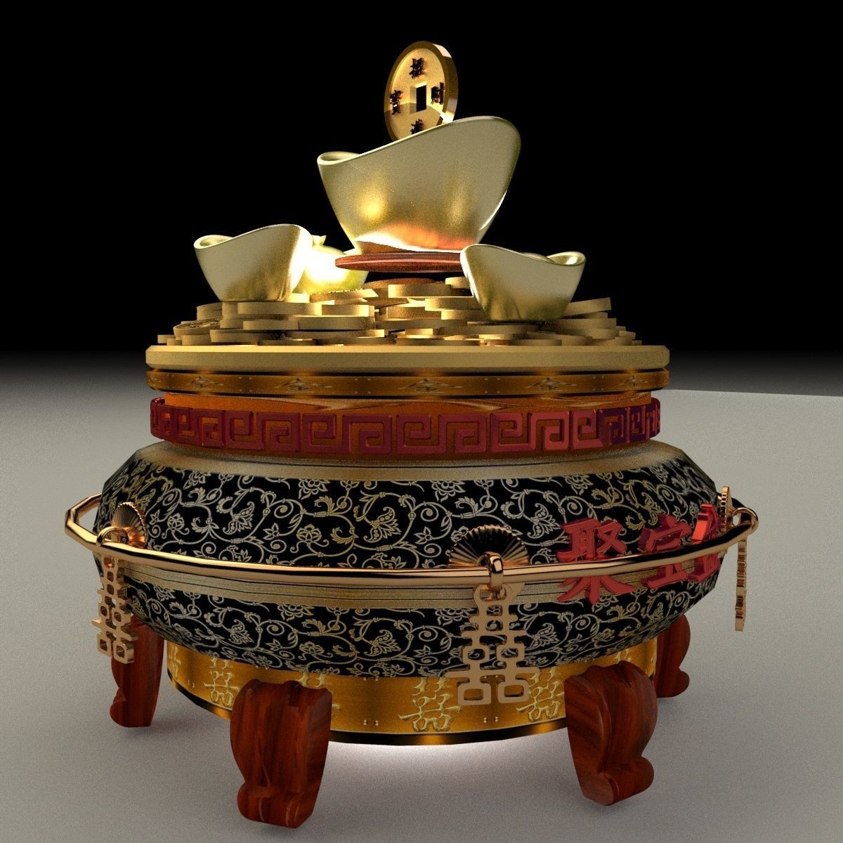 Chinese gold Ingot  pot 3D model_4