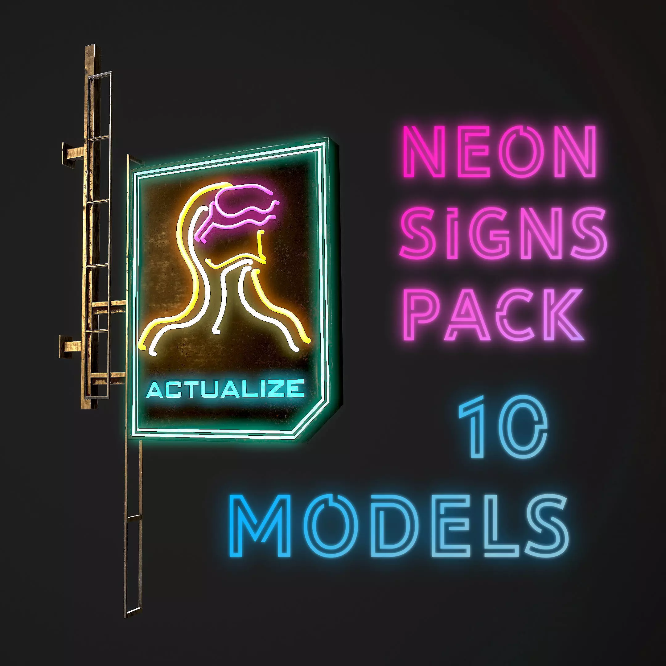 Neon signs Cyberpunk pack PBR Game Ready Low-poly Low-poly 3D model_0