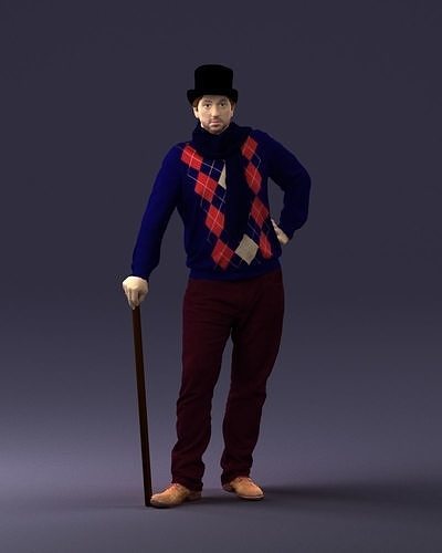 Male in a top hat with a walking stick 0140 3D Print Ready 3D print model