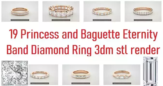 19 Princess and Baguette Eternity Band Diamond Ring 3dm stl  3D Model Collection