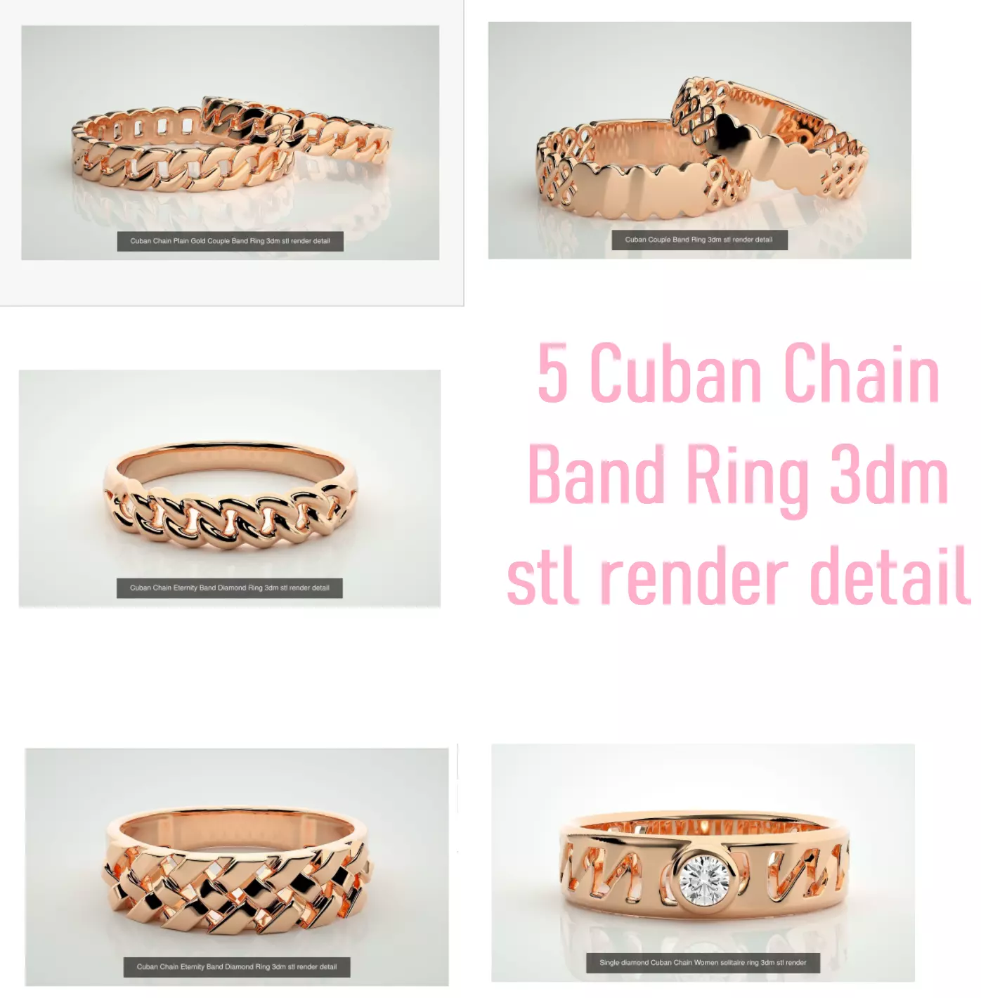5 Cuban Chain Band Ring 3dm stl render detail 3D Model Collection_0
