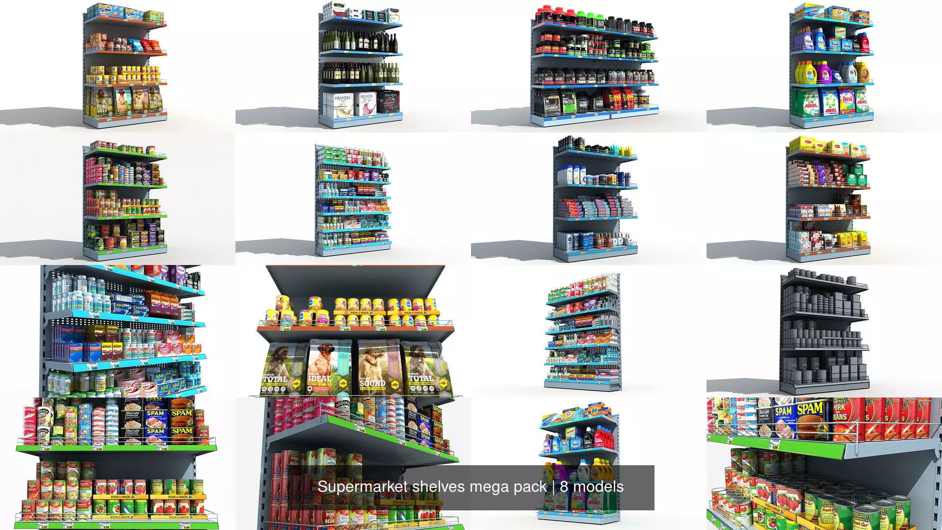 Supermarket shelves mega pack 3D Model Collection_0