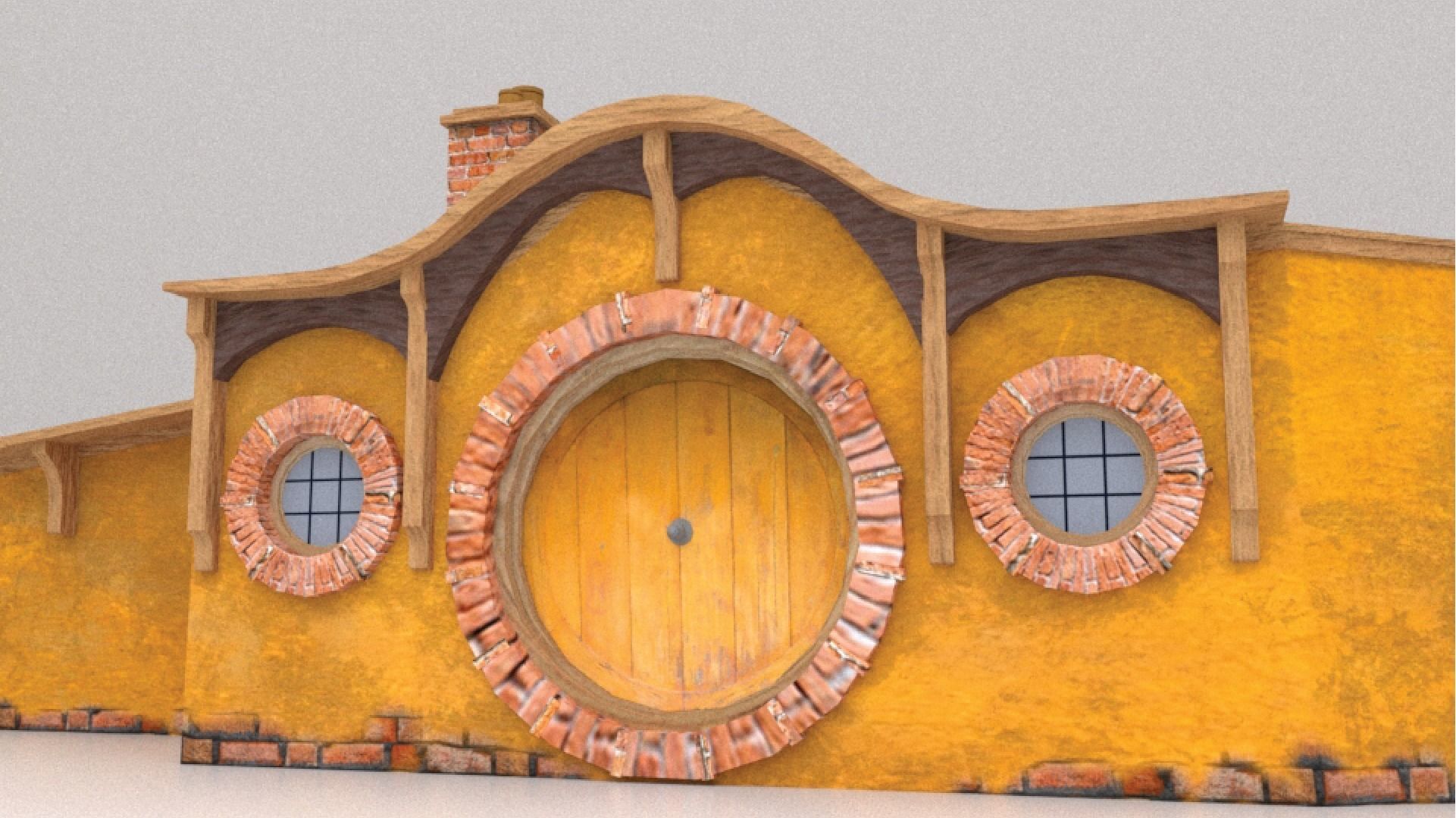 3D Hobbit Hole Dwelling - Orange Door Low-poly 3D model_3