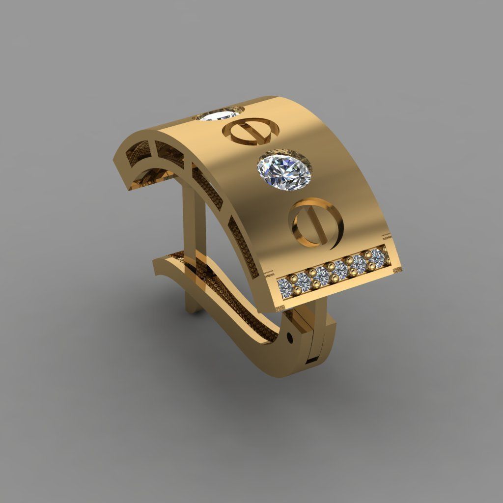 Earrings gold ring with diamonds 3D print model_3