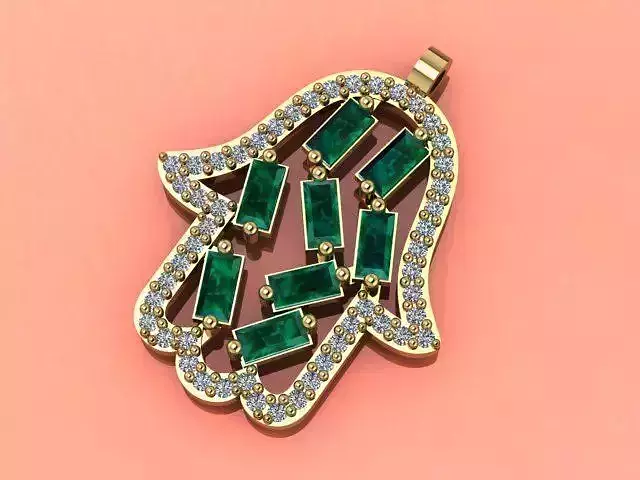 Pendant emerald and diamond hamsa