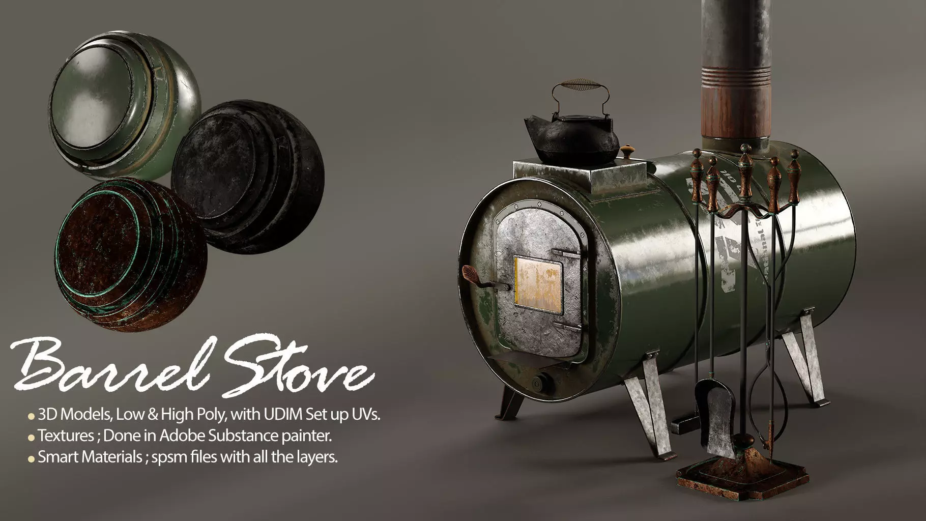 The Barrel Stove Low-poly 3D model_0
