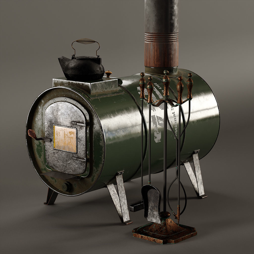 The Barrel Stove Low-poly 3D model_2